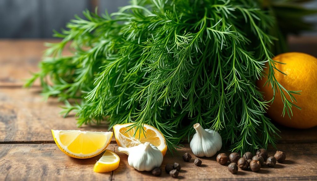 A bountiful display of fresh Italian dill (Anethum graveolens) adorns a rustic wooden table. The aromatic green fronds cascade gracefully, their delicate feathery tendrils casting intriguing shadows. In the foreground, a selection of culinary ingredients - fragrant garlic cloves, juicy lemon wedges, and earthy peppercorns - evoke the flavors of authentic Italian cuisine. The lighting is soft and natural, highlighting the vibrant hues and inviting textures. This scene perfectly encapsulates the essence of "Przepisy z wykorzystaniem kopru włoskiego", a mouthwatering exploration of recipes featuring the versatile Italian dill.