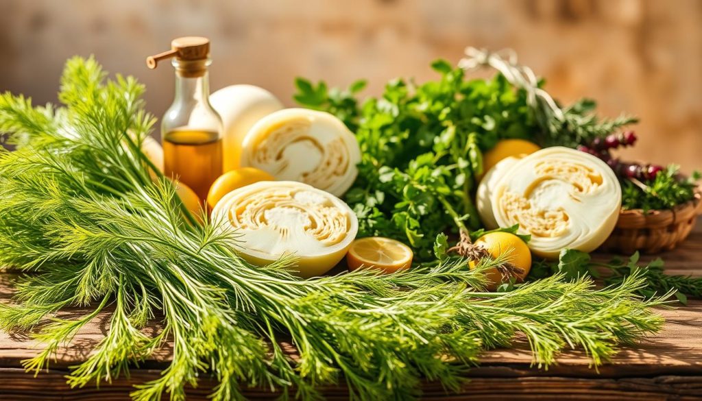 A bountiful, sun-dappled still life showcasing the nutritional richness of Italian fennel. In the foreground, lush fronds of feathery green fennel fronds spill across a rustic wooden table, their delicate tendrils catching the warm, golden light. In the middle ground, halved fennel bulbs reveal their crisp, ivory flesh, highlighting their distinctive anise aroma. Surrounding them, an assortment of complementary ingredients such as olive oil, lemon wedges, and fresh herbs create a vibrant, appetizing display. The background features a softly blurred, earthy backdrop, suggesting a kitchen or dining setting, allowing the vibrant produce to take center stage. The overall scene conveys the healthful, flavorful essence of Italian fennel, inviting the viewer to appreciate its culinary and nutritional virtues.