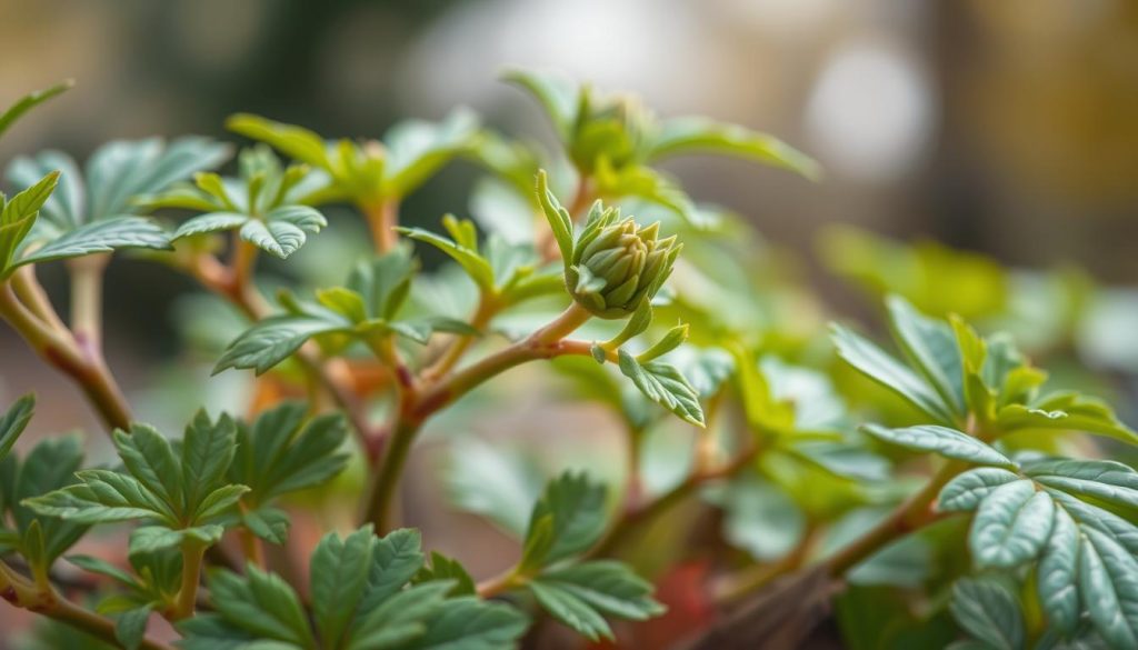 A close-up, high-resolution photograph of a healthy Albicja plant in autumn, showcasing its vibrant green foliage and sturdy stems. The image is captured in soft, natural lighting, highlighting the plant's intricate details and textures. The background is slightly blurred, creating a focus on the subject and drawing the viewer's attention to the plant's overall condition and well-being. The composition emphasizes the plant's structural integrity, conveying its readiness to withstand the upcoming winter season. The mood is serene and contemplative, inviting the viewer to closely examine the plant's state of health.