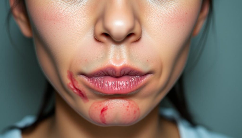 A close-up portrait of a person's face displaying visible signs of an allergic reaction, such as redness, swelling, and irritation around the mouth and nose area. The skin appears inflamed, with a slightly reddish-pink hue. The expression on the face conveys discomfort and distress. The background is softly blurred, keeping the focus on the facial features. The lighting is soft and diffused, creating a subtle, naturalistic atmosphere. The image captures the potential adverse effects that consuming mamey fruit can have on individuals with allergies, serving as a cautionary visual for the "Potencjalne alergie i przeciwwskazania" section of the article.