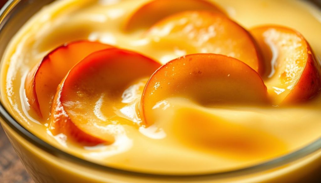 A close-up shot of a creamy vanilla pudding-style custard dessert, made with sliced apples nestled in a glass dish. The custard has a smooth, silky texture and a golden-brown caramelized top. The apples are arranged in a visually appealing pattern, with their vibrant red and yellow skins peeking through the custard. The lighting is soft and warm, creating a cozy, inviting atmosphere. The focus is on the textures and colors of the dessert, making it look tempting and delicious. The overall composition highlights the key elements of the "apple custard" recipe, showcasing its homemade, comforting nature.