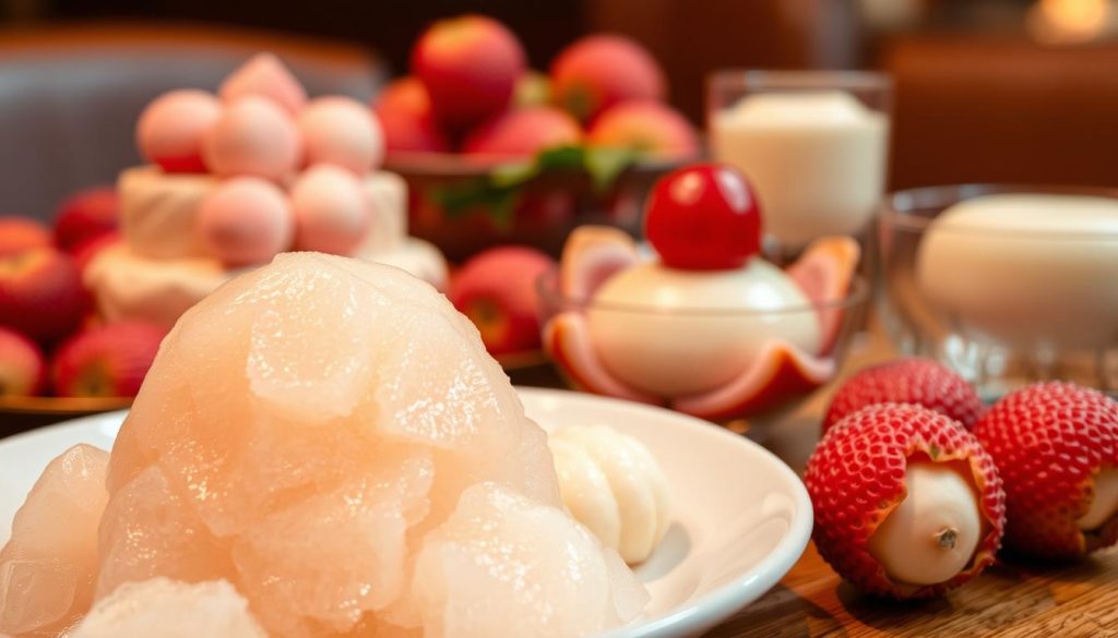 A close-up shot of a delectable array of lychee-based dishes, showcasing the fruit's versatility. In the foreground, a plate displays a vibrant lychee sorbet, its icy texture glistening under warm, diffused lighting. Surrounding it, an assortment of lychee-infused desserts, including a moist lychee cake topped with fresh fruit and a creamy lychee panna cotta. In the middle ground, a bowl of freshly peeled lychee fruits, their translucent white flesh and glossy red skin creating a visually striking contrast. In the background, a blurred, atmospheric setting suggests a cozy, intimate dining environment, hinting at the cultural and culinary traditions associated with this exotic fruit. A close-up shot of a delectable array of lychee-based dishes, showcasing the fruit's versatility. In the foreground, a plate displays a vibrant lychee sorbet, its icy texture glistening under warm, diffused lighting. Surrounding it, an assortment of lychee-infused desserts, including a moist lychee cake topped with fresh fruit and a creamy lychee panna cotta. In the middle ground, a bowl of freshly peeled lychee fruits, their translucent white flesh and glossy red skin creating a visually striking contrast. In the background, a blurred, atmospheric setting suggests a cozy, intimate dining environment, hinting at the cultural and culinary traditions associated with this exotic fruit.