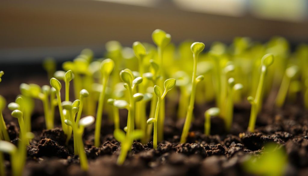A close-up view of freshly germinated seedlings, their delicate sprouts reaching upwards towards the light. The scene is bathed in soft, natural lighting, creating a serene and nurturing atmosphere. The tender green leaves and stems are meticulously detailed, showcasing the intricate textures and vibrant hues of the early growth stage. The background is blurred, placing the focus entirely on the captivating beauty of the carefully tended kiełki. The image conveys the importance of attentive care and patience in fostering the healthy development of these young plants. A close-up view of freshly germinated seedlings, their delicate sprouts reaching upwards towards the light. The scene is bathed in soft, natural lighting, creating a serene and nurturing atmosphere. The tender green leaves and stems are meticulously detailed, showcasing the intricate textures and vibrant hues of the early growth stage. The background is blurred, placing the focus entirely on the captivating beauty of the carefully tended kiełki. The image conveys the importance of attentive care and patience in fostering the healthy development of these young plants.