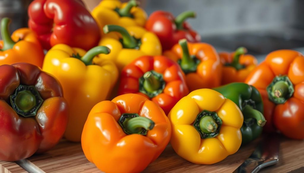 A close-up view of various fresh and vibrant bell peppers in a kitchen setting. The peppers are displayed in an artistic arrangement, showcasing their diverse colors ranging from deep red to bright yellow and orange. The peppers are positioned on a wooden cutting board, with a steel knife nearby, suggesting their use in culinary preparation. The lighting is soft and natural, casting subtle shadows that accentuate the peppers' textured surfaces. The background is blurred, creating a focus on the peppers and emphasizing their role as the central subject. An overall mood of warmth, freshness, and the celebration of the versatility of the humble yet flavorful bell pepper. A close-up view of various fresh and vibrant bell peppers in a kitchen setting. The peppers are displayed in an artistic arrangement, showcasing their diverse colors ranging from deep red to bright yellow and orange. The peppers are positioned on a wooden cutting board, with a steel knife nearby, suggesting their use in culinary preparation. The lighting is soft and natural, casting subtle shadows that accentuate the peppers' textured surfaces. The background is blurred, creating a focus on the peppers and emphasizing their role as the central subject. An overall mood of warmth, freshness, and the celebration of the versatility of the humble yet flavorful bell pepper.