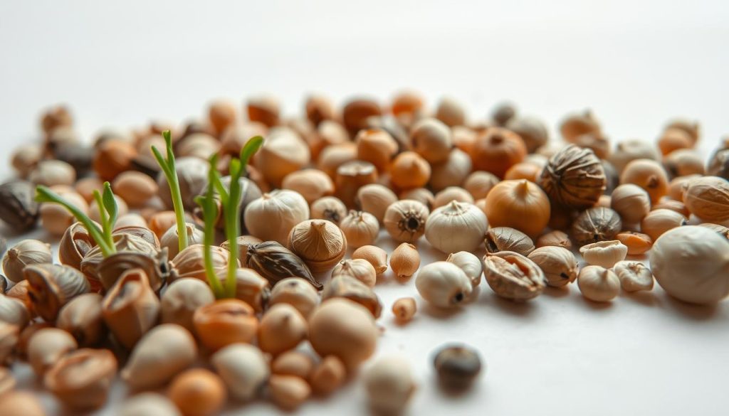 A close-up view of various seeds in different stages of germination, showcased against a clean, minimalist background. The foreground features a selection of seeds, some just beginning to sprout, others with delicate green shoots emerging. The middle ground depicts a diverse array of seeds, each at a distinct phase of the germination process, conveyed through intricate details and natural textures. The background is a soft, neutral tone, allowing the seeds to be the focal point, illuminated by soft, diffused lighting that highlights their organic forms and vibrant hues. The overall mood is one of natural wonder and scientific curiosity, inviting the viewer to closely observe the fascinating process of seed germination. A close-up view of various seeds in different stages of germination, showcased against a clean, minimalist background. The foreground features a selection of seeds, some just beginning to sprout, others with delicate green shoots emerging. The middle ground depicts a diverse array of seeds, each at a distinct phase of the germination process, conveyed through intricate details and natural textures. The background is a soft, neutral tone, allowing the seeds to be the focal point, illuminated by soft, diffused lighting that highlights their organic forms and vibrant hues. The overall mood is one of natural wonder and scientific curiosity, inviting the viewer to closely observe the fascinating process of seed germination.