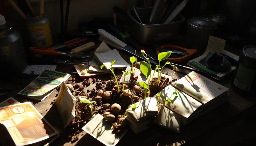 A cluttered workbench with various gardening tools and supplies scattered around, casting long shadows under a harsh, overhead light. In the foreground, several seed packets lie open, their contents spilled and jumbled. Damaged and misshapen seedlings emerge from the disorganized mess, a testament to the mistakes made during the skaryfikacja process. The overall scene conveys a sense of frustration and a need for more care and attention when preparing seeds for germination.