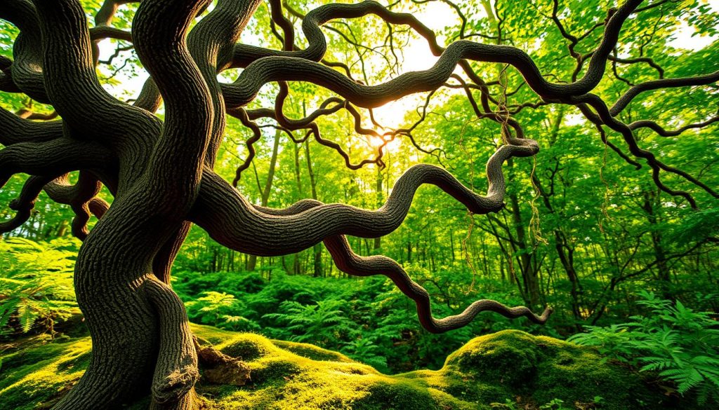 A dense, gnarled tree with twisting, snake-like branches emerges from a lush, verdant forest. Sunlight filters through the canopy, casting a warm, golden glow on the intricate bark textures. The tree's serpentine limbs twist and turn, creating an enchanting, otherworldly silhouette against the vibrant, mossy undergrowth. Delicate, leaf-like tendrils sway gently in a light breeze, hinting at the tree's unique adaptations. The scene evokes a sense of mystery and natural wonder, capturing the fascinating essence of the "snake tree" in vivid detail. A dense, gnarled tree with twisting, snake-like branches emerges from a lush, verdant forest. Sunlight filters through the canopy, casting a warm, golden glow on the intricate bark textures. The tree's serpentine limbs twist and turn, creating an enchanting, otherworldly silhouette against the vibrant, mossy undergrowth. Delicate, leaf-like tendrils sway gently in a light breeze, hinting at the tree's unique adaptations. The scene evokes a sense of mystery and natural wonder, capturing the fascinating essence of the "snake tree" in vivid detail.