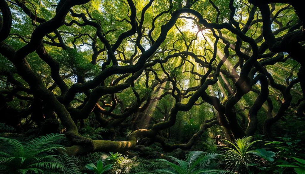 A dense, lush ecosystem of serpentine trees thrives in a dappled light. The gnarled, twisting trunks and branches create a mesmerizing pattern, supporting a vibrant canopy of verdant foliage. Rays of sunlight filter through the dense foliage, casting a warm, golden glow across the scene. In the understory, a diverse array of ferns, mosses, and other shade-loving plants carpet the forest floor, completing the intricate web of life. The overall atmosphere is one of tranquility and natural harmony, inviting the viewer to immerse themselves in this enchanting, serpentine world. A dense, lush ecosystem of serpentine trees thrives in a dappled light. The gnarled, twisting trunks and branches create a mesmerizing pattern, supporting a vibrant canopy of verdant foliage. Rays of sunlight filter through the dense foliage, casting a warm, golden glow across the scene. In the understory, a diverse array of ferns, mosses, and other shade-loving plants carpet the forest floor, completing the intricate web of life. The overall atmosphere is one of tranquility and natural harmony, inviting the viewer to immerse themselves in this enchanting, serpentine world.