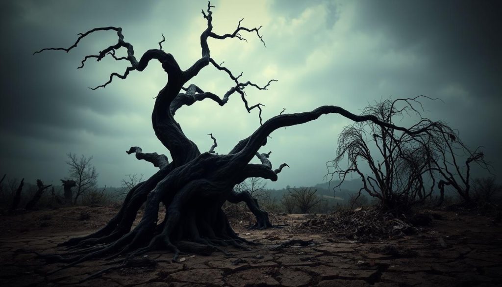 A gnarled, twisted fire tree stands resolute against a moody, overcast sky. The foreground is dominated by the tree's twisted, charred branches, casting ominous shadows across the parched, cracked earth below. In the middle ground, a tangle of dead undergrowth and fallen leaves hints at the challenges of cultivating this temperamental plant. The background fades into a hazy, muted palette of grays and blues, conveying a sense of melancholy and foreboding. Dramatic side lighting accentuates the tree's weathered, ominous presence, creating a cinematic, almost noir-esque atmosphere. This image captures the struggles and difficulties associated with growing and maintaining a thriving fire tree.