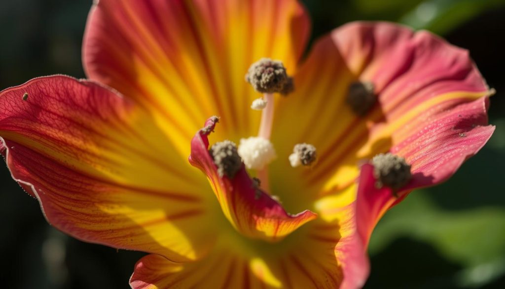A lush, close-up view of a diseased Scadoxus flower, its vibrant petals marred by unsightly fungal growths and discoloration. The flower appears to be wilting, its once-radiant hues muted and dull. The lighting is soft and diffused, casting gentle shadows that accentuate the texture and imperfections of the petals. The background is blurred and out of focus, drawing the viewer's attention to the central, afflicted bloom. The overall mood is one of concern and the need for careful attention to the plant's health and well-being.