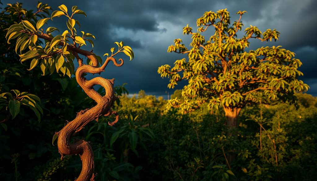 A lush, overgrown garden in the golden hour, showcasing the challenges of growing the Tree of Life. In the foreground, a twisted, sickly-looking specimen struggles against a pest infestation, its leaves yellowing and curling. The middle ground reveals a healthy, vibrant tree, its elegant branches reaching skyward, contrasting the troubled plant. In the background, ominous dark clouds gather, foreshadowing the environmental stresses that can plague this delicate species. Dramatic lighting casts dramatic shadows, heightening the sense of drama and the need for careful cultivation. An intricate, intricate study in the triumphs and tribulations of growing this captivating, yet demanding plant.