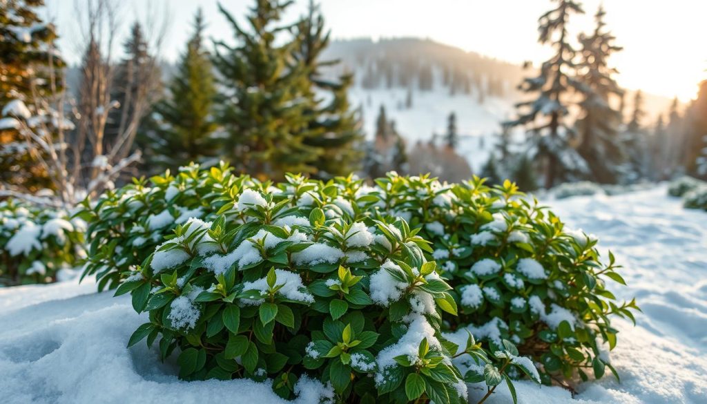 A lush, snowy winter landscape, with a focus on the thriving Albicia plants. The foreground features healthy, verdant Albicia specimens, their leaves blanketed in a delicate layer of fresh snow. The middle ground showcases the plants in their natural habitat, surrounded by a mix of evergreen and deciduous trees, creating a sheltered, woodland setting. In the background, a serene, snow-covered hill or mountain range provides a picturesque backdrop, bathed in soft, diffused lighting that casts a warm, golden glow over the entire scene. The overall mood is one of peaceful tranquility, conveying the ideal conditions for Albicia to thrive and survive the winter months.