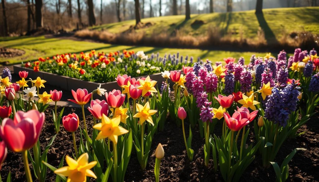 A lush, sun-drenched garden filled with vibrant bulbous flowers in the foreground. Tulips, daffodils, and hyacinths in a variety of colors bloom amidst rich, dark soil. In the middle ground, a raised garden bed with carefully tended beds of these bulb plants, their leaves and stems reaching towards the light. The background showcases a tranquil, grassy landscape with tall trees, hinting at the ideal growing conditions for these hardy, resilient flowers. Warm, golden sunlight filters through, casting a glow over the scene and highlighting the intricate textures and shapes of the bulbous blooms. A lush, sun-drenched garden filled with vibrant bulbous flowers in the foreground. Tulips, daffodils, and hyacinths in a variety of colors bloom amidst rich, dark soil. In the middle ground, a raised garden bed with carefully tended beds of these bulb plants, their leaves and stems reaching towards the light. The background showcases a tranquil, grassy landscape with tall trees, hinting at the ideal growing conditions for these hardy, resilient flowers. Warm, golden sunlight filters through, casting a glow over the scene and highlighting the intricate textures and shapes of the bulbous blooms.