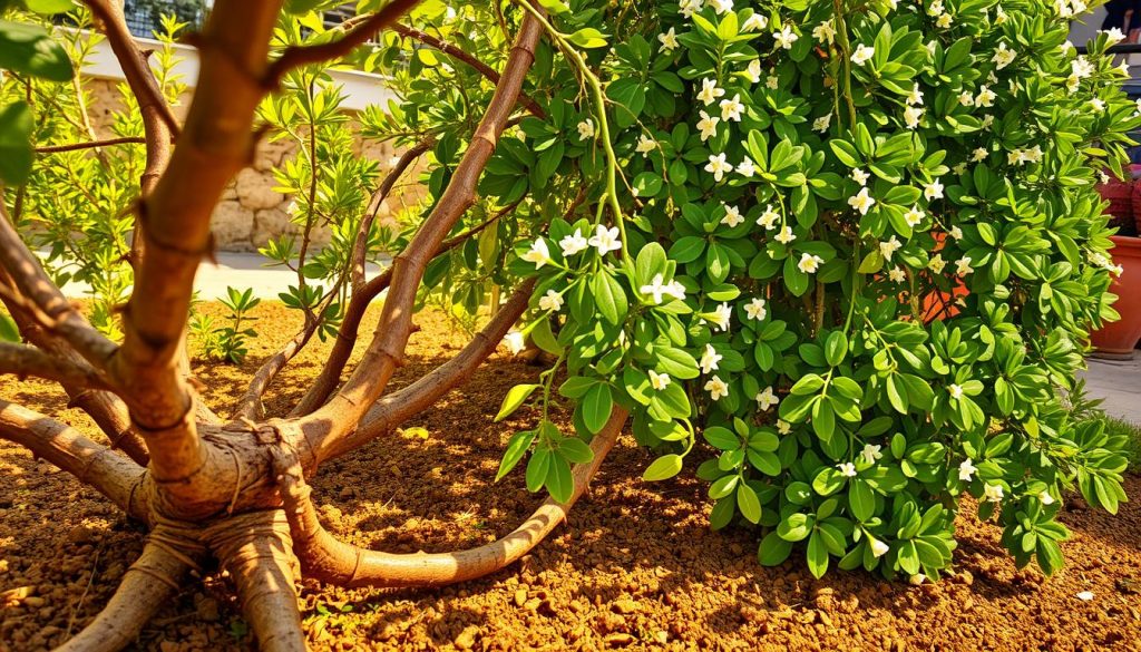 A lush, sun-drenched scene of a flourishing Capparis spinosa plant, its vibrant green leaves and delicate white flowers cascading across a well-tended garden bed. In the foreground, the thick, gnarled stems of the caper bush emerge from the rich, loamy soil, their thorny branches reaching skyward. The middle ground reveals the plant's distinctive oval leaves, their surfaces glistening with morning dew. In the background, a low stone wall frames the scene, casting soft, warm shadows that complement the golden, hazy light. The overall composition conveys a sense of abundance, vitality, and the tactile pleasures of cultivating this versatile, resilient Mediterranean crop.