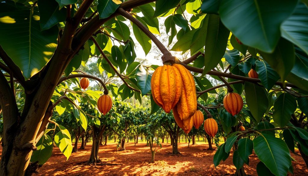 A lush, tropical scene of a flourishing cacao tree (Theobroma cacao) in a well-tended plantation. The large, glossy green leaves flutter gently in the soft breeze, casting dappled shadows on the rich, reddish-brown soil below. Vibrant orange-yellow pods cling to the branches, some splitting open to reveal rows of cocoa beans nestled in a creamy white pulp. In the background, a canopy of towering rainforest trees filters the warm, golden sunlight. The overall mood is one of abundance, growth, and the fertile cycle of life inherent in the botanical process of cacao reproduction.