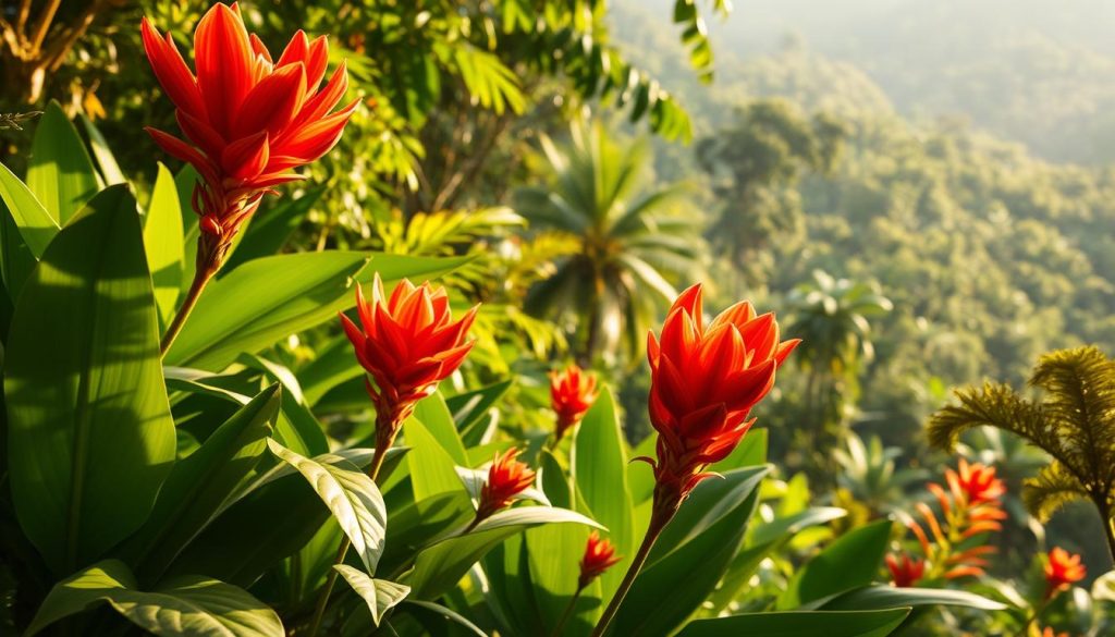 A lush, tropical scene showcasing the vibrant Scadoxus plant in its natural habitat. In the foreground, the large, striking red flower heads emerge from the rich, verdant foliage, their petals catching the warm, golden sunlight filtering through the canopy above. The middle ground features a mix of broader leaves and smaller, delicate blooms, creating a sense of depth and layering. In the background, a dense, verdant jungle landscape stretches out, with dappled light and shadows playing across the scene, evoking a sense of tranquility and natural beauty. The lighting is soft and diffused, highlighting the intricate textures and vibrant colors of the Scadoxus, while maintaining an atmospheric, almost dreamlike quality.