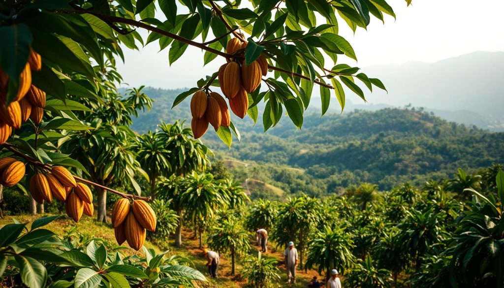 A lush, verdant cocoa plantation nestled in the equatorial highlands. In the foreground, workers carefully hand-harvest ripe, golden-brown cocoa pods from the sprawling canopy of broad, glossy leaves. The mid-ground reveals rows of meticulously pruned and tended cocoa trees, their trunks glistening in the warm, diffused sunlight. In the background, rolling hills covered in a patchwork of emerald shades fade into a hazy, azure sky. The scene exudes a sense of tranquility and a deep connection to the land, showcasing the dedicated craftsmanship and patience required for the delicate art of cocoa cultivation.