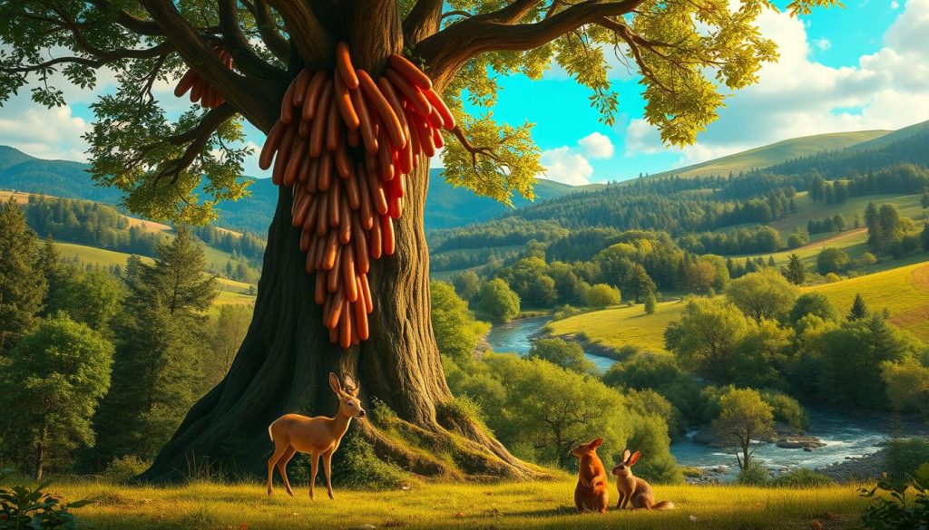 A lush, verdant forest scene with a majestic, towering tree at the center. The tree's branches are adorned with clusters of plump, juicy sausages, glistening under the warm, golden light filtering through the canopy. In the foreground, a family of woodland creatures - a deer, a rabbit, and a squirrel - gather around the base of the tree, seemingly in awe of this natural wonder. The background features a serene, babbling brook and rolling hills, creating a picturesque, almost magical atmosphere. Capture this unique and captivating vision of the "Sausage Tree" in all its glory, showcasing its remarkable and diverse applications.
