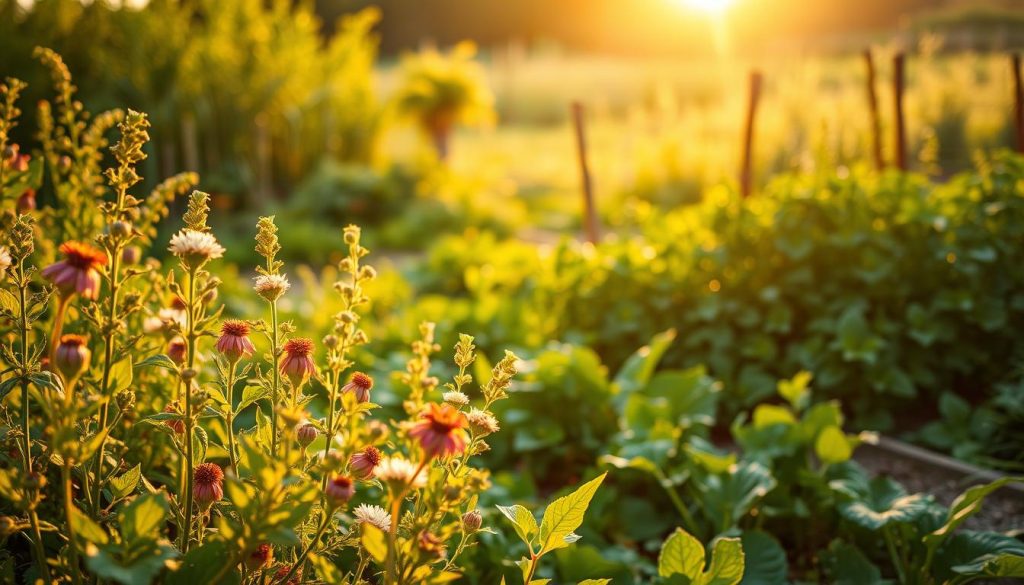 A lush, verdant garden scene at golden hour, showcasing a variety of pest prevention techniques. In the foreground, natural pest deterrents like fragrant herbs and flowers sway gently in a soft breeze. The middle ground features strategically placed barriers and traps, blending seamlessly into the landscape. In the background, a well-tended vegetable patch thrives, protected by the layered, holistic approach to prevention. Warm, soft lighting bathes the entire scene, creating an atmosphere of tranquility and environmental harmony. The image conveys a sense of proactive, nature-based solutions to the challenge of preventing pests, aligning with the concept of "prewencja ziemiórek" as the key to successful gardening. A lush, verdant garden scene at golden hour, showcasing a variety of pest prevention techniques. In the foreground, natural pest deterrents like fragrant herbs and flowers sway gently in a soft breeze. The middle ground features strategically placed barriers and traps, blending seamlessly into the landscape. In the background, a well-tended vegetable patch thrives, protected by the layered, holistic approach to prevention. Warm, soft lighting bathes the entire scene, creating an atmosphere of tranquility and environmental harmony. The image conveys a sense of proactive, nature-based solutions to the challenge of preventing pests, aligning with the concept of "prewencja ziemiórek" as the key to successful gardening.