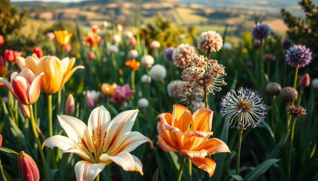 A lush, verdant garden with a diverse array of rare and captivating bulbous plants. In the foreground, delicate petals of exotic tulips and lilies sway gently in a soft breeze, their vibrant hues casting a warm glow under a golden afternoon sun. In the middle ground, clusters of unique alliums and ornamental onions burst forth, their spherical flower heads resembling cosmic explosions. Subtle shadows and highlights accentuate the intricate textures and contours of these botanical wonders. The background features a picturesque landscape, perhaps a rolling hillside or a tranquil forest glade, providing a serene and enchanting setting for these rare and treasured bulbous plants to thrive.