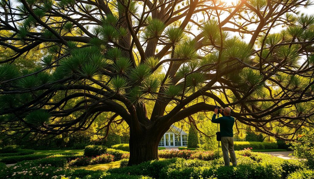 A lush, verdant garden with a majestic, towering tree at its center. The tree's branches are adorned with a myriad of sharp, protective thorns, casting intricate shadows across the well-tended flower beds below. Sunlight filters through the canopy, creating a warm, golden glow that illuminates the scene. In the foreground, a gardener carefully prunes the tree, their movements deliberate and focused, showcasing the delicate balance of maintaining this unique, spiny specimen. The background features a subtle, hazy blur, keeping the viewer's attention firmly on the tree and the gardener's task at hand. The overall mood is one of serene, contemplative garden maintenance, highlighting the beauty and challenges of caring for this extraordinary, thorned tree.