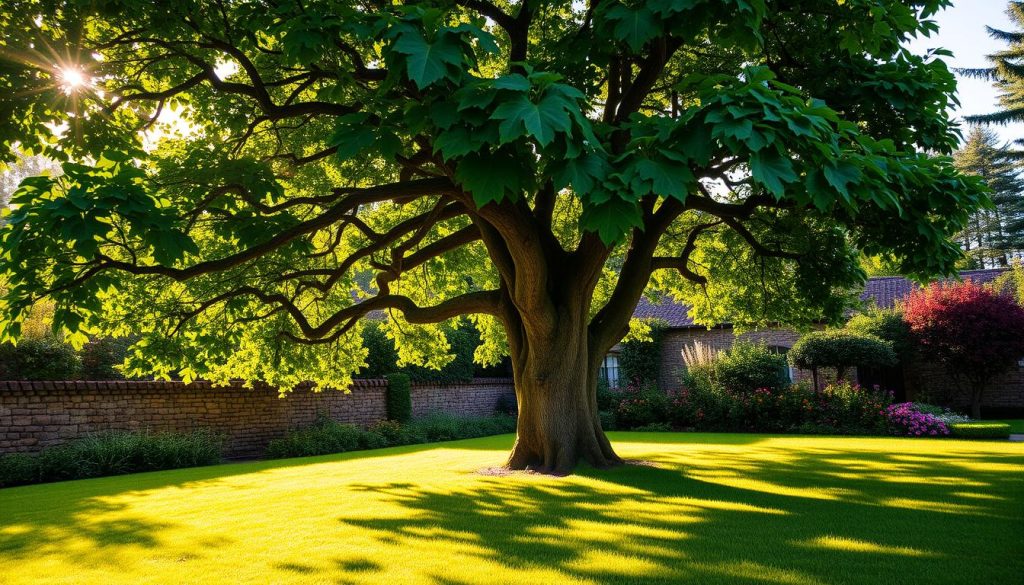 A lush, verdant garden with a stately, mature horseradish tree (Chaerophyllum aromaticum) standing tall and proud at the center. The tree's gnarled, twisting trunk and vibrant, deeply-lobed leaves cast dappled shadows on the neatly manicured lawn below. Warm, golden sunlight filters through the canopy, illuminating the scene with a soft, inviting glow. In the background, a charming stone wall and a row of colorful flowering shrubs frame the tranquil, idyllic setting. The overall atmosphere evokes a sense of natural serenity and the calming essence of a well-tended, traditional European-style garden. A lush, verdant garden with a stately, mature horseradish tree (Chaerophyllum aromaticum) standing tall and proud at the center. The tree's gnarled, twisting trunk and vibrant, deeply-lobed leaves cast dappled shadows on the neatly manicured lawn below. Warm, golden sunlight filters through the canopy, illuminating the scene with a soft, inviting glow. In the background, a charming stone wall and a row of colorful flowering shrubs frame the tranquil, idyllic setting. The overall atmosphere evokes a sense of natural serenity and the calming essence of a well-tended, traditional European-style garden.