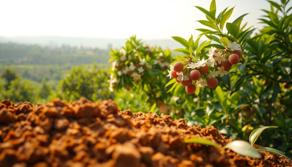 A lush, verdant landscape showcasing the ideal soil conditions for growing lychee. In the foreground, a close-up view of the rich, nutrient-dense soil, its reddish-brown hue and crumbly texture inviting the viewer to imagine the nourishing environment for the lychee trees. The middle ground features several lychee trees in full bloom, their vibrant green leaves and delicate white flowers creating a picturesque scene. In the background, a hazy, sun-dappled horizon suggests a tropical, humid climate conducive to the lychee's cultivation. The lighting is soft and natural, casting a warm, golden glow over the entire composition. The overall mood is one of tranquility and abundance, highlighting the perfect growing conditions that allow this exotic fruit to thrive. A lush, verdant landscape showcasing the ideal soil conditions for growing lychee. In the foreground, a close-up view of the rich, nutrient-dense soil, its reddish-brown hue and crumbly texture inviting the viewer to imagine the nourishing environment for the lychee trees. The middle ground features several lychee trees in full bloom, their vibrant green leaves and delicate white flowers creating a picturesque scene. In the background, a hazy, sun-dappled horizon suggests a tropical, humid climate conducive to the lychee's cultivation. The lighting is soft and natural, casting a warm, golden glow over the entire composition. The overall mood is one of tranquility and abundance, highlighting the perfect growing conditions that allow this exotic fruit to thrive.