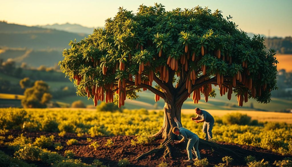 A lush, verdant landscape with a magnificent tree at the center, its branches adorned with plump, succulent sausages. The tree stands tall and proud, its leaves gently rustling in a warm, soft breeze. In the foreground, a gardener tending to the tree, carefully pruning and nurturing it with a gentle, reverent touch. The soil around the tree is rich and dark, teeming with life. In the background, a picturesque countryside scene, rolling hills, and a clear, azure sky. The lighting is warm and diffused, casting a golden glow over the entire scene, creating a sense of tranquility and wonder.
