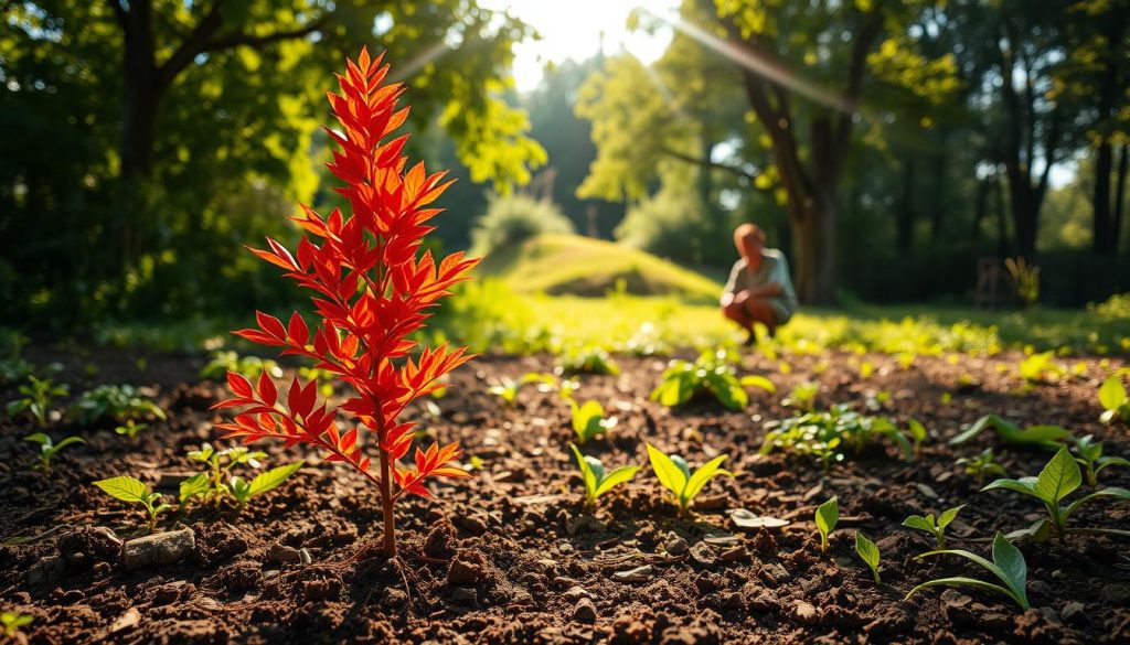 A lush, verdant landscape with a young, vibrant fire tree sapling taking root in the foreground. Sunlight filters through the canopy, casting a warm, golden glow across the scene. The sapling's fiery red-orange foliage stands in striking contrast to the rich, earthy tones of the soil and surrounding vegetation. In the middle ground, a gardener in casual attire kneels beside the plant, carefully tending to the delicate roots as they become established. The background features a tranquil, wooded area, hinting at the tree's eventual mature size and stature. The overall atmosphere is one of growth, vitality, and the harmonious integration of this remarkable specimen into its natural environment.