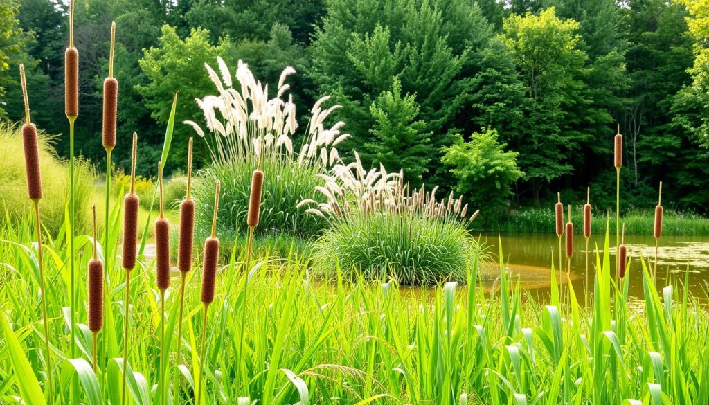 A lush, verdant scene showcasing a variety of thriving monoecious plants native to Poland. In the foreground, a cluster of tall, slender horsetails (Equisetum) sway gently in a soft breeze. Behind them, a vibrant patch of common reed (Phragmites australis) stands tall, its feathery plumes catching the warm sunlight. In the middle ground, a clump of broad-leaved cattails (Typha latifolia) emerges from a shallow pond, their distinctive brown sausage-like spikes standing proud. In the distance, a backdrop of dense, mixed deciduous and coniferous forest provides a natural setting for this display of Poland's diverse monoecious flora. The scene is illuminated by soft, diffused natural lighting, creating a tranquil, almost serene atmosphere.