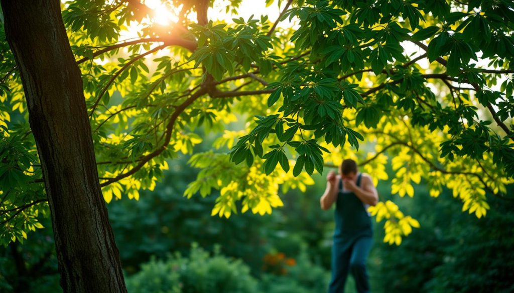 A lush, verdant tree stands in the foreground, its branches adorned with vibrant green leaves. The trunk is thick and sturdy, with visible grooves and textures that hint at the tree's age and character. In the middle ground, a person in overalls kneels beside the tree, carefully pruning and tending to its health, their movements deliberate and focused. The background is softly blurred, allowing the viewer to concentrate on the tree and the conservation process. Warm, golden sunlight filters through the leaves, casting a gentle glow and creating a sense of tranquility. The scene evokes a feeling of reverence and respect for the natural world, with the conservation of the chokecherry tree as the central focus. A lush, verdant tree stands in the foreground, its branches adorned with vibrant green leaves. The trunk is thick and sturdy, with visible grooves and textures that hint at the tree's age and character. In the middle ground, a person in overalls kneels beside the tree, carefully pruning and tending to its health, their movements deliberate and focused. The background is softly blurred, allowing the viewer to concentrate on the tree and the conservation process. Warm, golden sunlight filters through the leaves, casting a gentle glow and creating a sense of tranquility. The scene evokes a feeling of reverence and respect for the natural world, with the conservation of the chokecherry tree as the central focus.