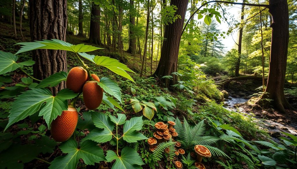 A lush, vibrant forest scene showcasing the biodiversity of Asimina triloba. In the foreground, the distinctive large green leaves and unique reddish-brown flowers of the pawpaw tree stand out. In the middle ground, a diverse array of other native plants, ferns, and fungi thrive, creating a rich, layered understory. The background features towering hardwood trees, dappled sunlight filtering through the canopy, and a glimpse of a meandering stream. The scene conveys a sense of balance, interdependence, and the delicate ecological web that Asimina triloba is a vital part of. Captured with a wide-angle lens to emphasize the depth and complexity of this biodiverse habitat.