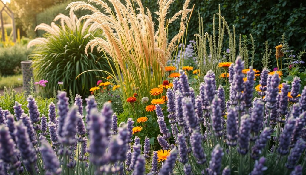 A lush, vibrant garden scene showcasing an array of plants known to deter garden pests, particularly the pesky springtails or 'ziemiórki'. In the foreground, a cluster of fragrant, purple-hued lavender plants sway gently in a soft, warm breeze. Behind them, a row of tall, slender lemongrass stalks rustles, their sharp, citrusy scent wafting through the air. In the middle ground, a variety of aromatic herbs such as rosemary, thyme, and marigolds create a tapestry of textures and colors. In the background, a verdant backdrop of leafy greens and flowering shrubs sets the scene, creating a harmonious, naturalistic composition. The lighting is soft and diffused, casting a golden glow over the entire tableau, evoking a sense of tranquility and the regenerative power of nature. A lush, vibrant garden scene showcasing an array of plants known to deter garden pests, particularly the pesky springtails or 'ziemiórki'. In the foreground, a cluster of fragrant, purple-hued lavender plants sway gently in a soft, warm breeze. Behind them, a row of tall, slender lemongrass stalks rustles, their sharp, citrusy scent wafting through the air. In the middle ground, a variety of aromatic herbs such as rosemary, thyme, and marigolds create a tapestry of textures and colors. In the background, a verdant backdrop of leafy greens and flowering shrubs sets the scene, creating a harmonious, naturalistic composition. The lighting is soft and diffused, casting a golden glow over the entire tableau, evoking a sense of tranquility and the regenerative power of nature.