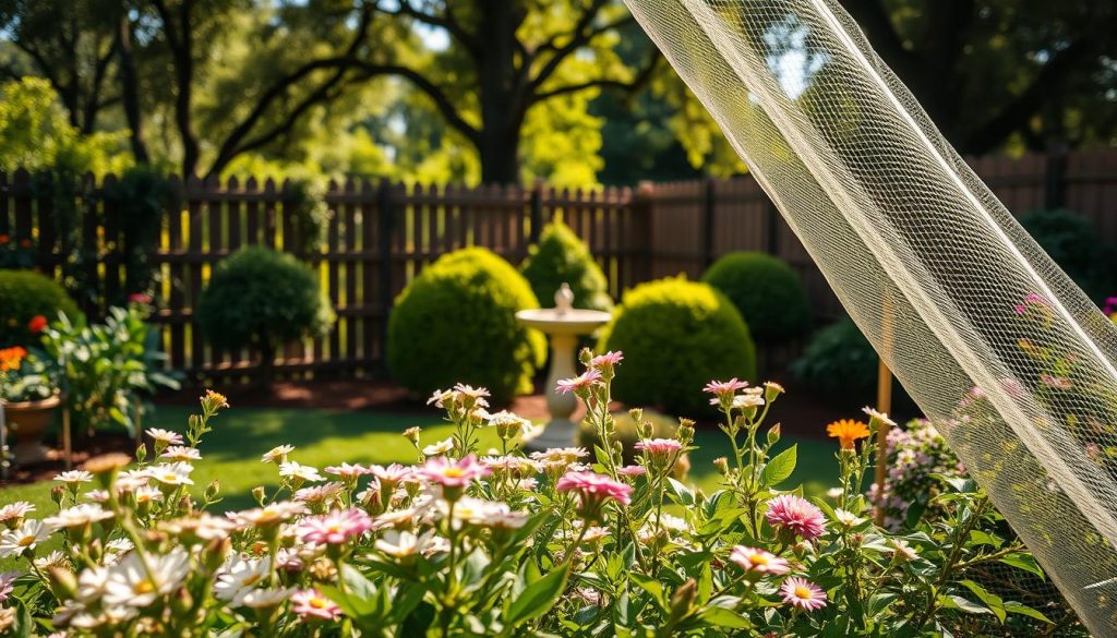 A lush, vibrant garden scene with a focus on plant protection. In the foreground, delicate flowers and foliage are carefully shielded by a mesh netting, guarding against pests and diseases. The middle ground features neatly pruned shrubs and a birdbath, creating a harmonious, well-tended atmosphere. In the background, a wooden fence and a canopy of mature trees provide a natural, calming backdrop. Soft, warm lighting filters through the scene, casting gentle shadows and highlighting the intricate textures of the plants. The overall composition conveys a sense of nurturing care and environmental balance, perfectly suited to illustrate the "Plant Protection" section of the gardening article. A lush, vibrant garden scene with a focus on plant protection. In the foreground, delicate flowers and foliage are carefully shielded by a mesh netting, guarding against pests and diseases. The middle ground features neatly pruned shrubs and a birdbath, creating a harmonious, well-tended atmosphere. In the background, a wooden fence and a canopy of mature trees provide a natural, calming backdrop. Soft, warm lighting filters through the scene, casting gentle shadows and highlighting the intricate textures of the plants. The overall composition conveys a sense of nurturing care and environmental balance, perfectly suited to illustrate the "Plant Protection" section of the gardening article.
