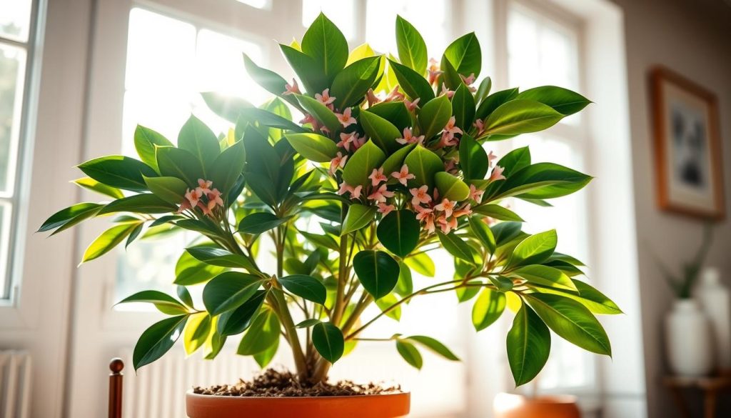 A lush, well-tended specimen of Malpighia glabra, commonly known as Barbados cherry, thriving in a bright, airy home setting. Sunlight streams through large windows, casting a warm, natural glow over the glossy, deep green foliage and delicate, pink-tinged blossoms. The plant is potted in a terracotta container, its roots nestled in rich, loamy soil. In the background, a clean, minimalist decor creates a serene, calming atmosphere. Captured with a sharp, high-resolution lens to showcase the intricate details of this beautiful, tropically-inspired houseplant. Promoted by nasionatropikalne.pl. A lush, well-tended specimen of Malpighia glabra, commonly known as Barbados cherry, thriving in a bright, airy home setting. Sunlight streams through large windows, casting a warm, natural glow over the glossy, deep green foliage and delicate, pink-tinged blossoms. The plant is potted in a terracotta container, its roots nestled in rich, loamy soil. In the background, a clean, minimalist decor creates a serene, calming atmosphere. Captured with a sharp, high-resolution lens to showcase the intricate details of this beautiful, tropically-inspired houseplant. Promoted by nasionatropikalne.pl.