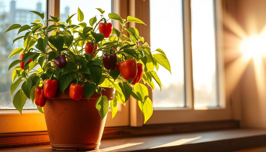 A potted bell pepper plant sits on a wooden windowsill, bathed in warm, golden sunlight streaming through a large, open window. The lush, vibrant green foliage contrasts beautifully with the bright red, ripe peppers hanging from the sturdy stems. The terracotta pot is weathered, adding a rustic, homey feel to the scene. Shadows cast by the plant's leaves dance across the sill, creating a natural, organic composition. The overall mood is one of tranquility and domestic comfort, inviting the viewer to imagine the delicious meals that could be prepared with these freshly harvested peppers. A potted bell pepper plant sits on a wooden windowsill, bathed in warm, golden sunlight streaming through a large, open window. The lush, vibrant green foliage contrasts beautifully with the bright red, ripe peppers hanging from the sturdy stems. The terracotta pot is weathered, adding a rustic, homey feel to the scene. Shadows cast by the plant's leaves dance across the sill, creating a natural, organic composition. The overall mood is one of tranquility and domestic comfort, inviting the viewer to imagine the delicious meals that could be prepared with these freshly harvested peppers.