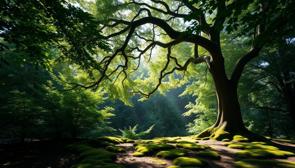 A serene forest glade, dappled sunlight filtering through the lush, silk-like foliage of the Albizia tree. Its graceful, fern-like leaves sway gently in the breeze, casting delicate shadows on the moss-covered ground below. The tree's elegant, curved trunk rises up, its smooth, pale bark contrasting with the rich greens surrounding it. A sense of tranquility and mystery pervades the scene, hinting at the legends and folklore that have grown around this enigmatic plant. Capture the essence of this mythical "Silk Tree" in a detailed, atmospheric landscape, using a soft, natural lighting to accentuate the serene, almost otherworldly quality of the subject.