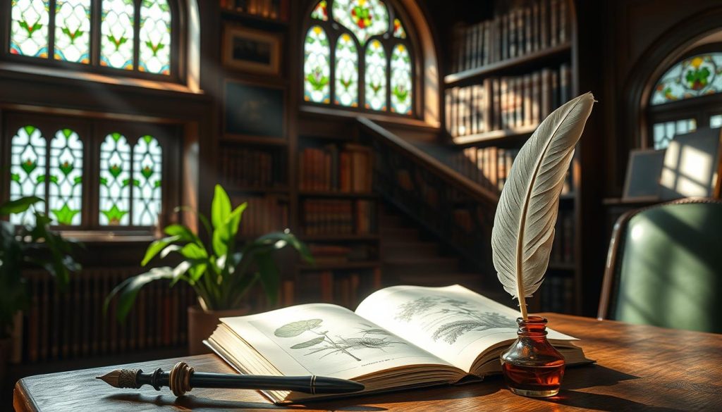 A serene library interior, sunlight streaming through stained glass windows, illuminating a table where an open book rests, its pages depicting intricate botanical illustrations of lush, verdant plants. In the foreground, a quill pen and an ink well sit, ready to capture the writer's musings on the enchanting world of dioecious flora. The shelves behind are lined with leather-bound volumes, a testament to the rich literary tradition surrounding these captivating species. The overall atmosphere evokes a sense of quiet contemplation, where the intersection of nature, art, and the written word is celebrated.