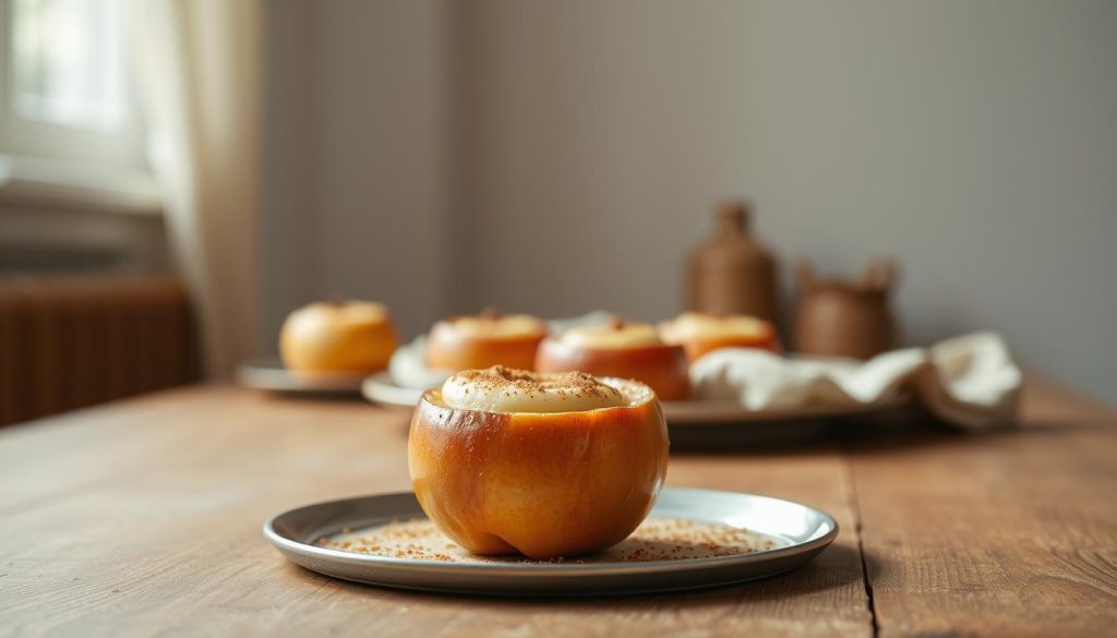 A sumptuous dessert takes center stage on a wooden table, illuminated by soft, natural lighting. In the foreground, a delectable serving of "deser jabłko budyniowe" - a baked apple filled with a rich, creamy custard, garnished with a dusting of cinnamon. The middle ground showcases the dessert from a slightly elevated angle, allowing the viewer to appreciate its elegant presentation. In the background, a simple, minimalist setting with muted tones complements the warmth and indulgence of the dish. The overall atmosphere evokes a sense of comfort, homemade warmth, and the enticing aroma of a freshly baked treat, inviting the viewer to savor every bite.