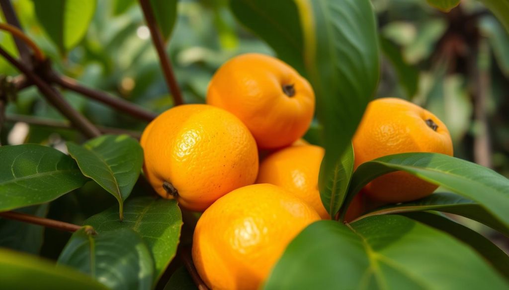 A vibrant close-up of ripe, golden-orange mamey fruits nestled among lush, verdant leaves. The soft, velvety skin of the fruits reflects the warm, diffused lighting, casting a gentle glow. In the background, a blurred landscape of tropical foliage suggests a serene, sun-dappled forest setting. The overall composition conveys the natural goodness and health benefits of this nutrient-rich superfruit, inviting the viewer to appreciate its unique qualities. Captured with a shallow depth of field and a slightly elevated perspective to emphasize the fruits' tactile, inviting presence.