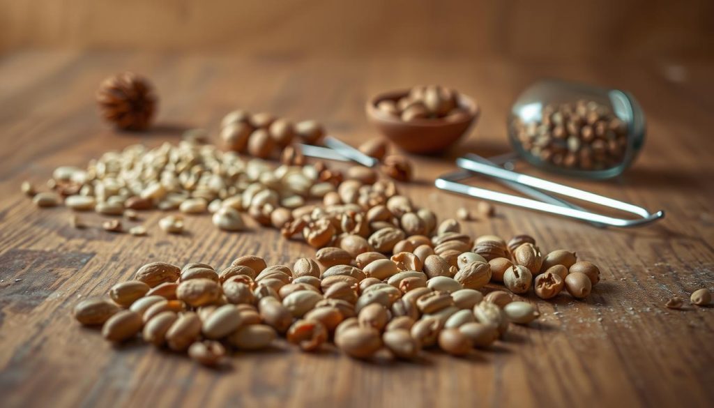 A wooden table illuminated by warm, soft lighting, showcasing a collection of various seeds and nuts. In the foreground, a group of seeds, their textures and colors meticulously detailed, await careful examination. In the middle ground, a set of small tools, such as tweezers and magnifying glasses, are arranged, hinting at the upcoming process of seed preparation. The background features a neutral, slightly blurred backdrop, allowing the focus to remain on the seeds and the tools. The overall scene conveys a sense of anticipation and attention to detail, reflecting the careful process of seed preparation for skaryfikacja.