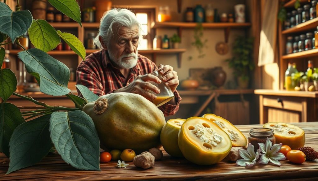 a detailed, photorealistic illustration of Asimina triloba, also known as the pawpaw, in a traditional folk medicine setting. The foreground features a selection of the plant's edible fruits, leaves, and flowers, arranged neatly on a wooden table. In the middle ground, an elderly herbalist carefully prepares a tincture or decoction using the plant's parts, their weathered hands and focused expression conveying their expertise. The background depicts a rustic, cozy interior, with shelves of jars and bottles containing various herbal remedies. Warm, natural lighting filters through the window, casting a soft glow over the scene and emphasizing the plant's vibrant colors and the herbalist's reverent handling of the traditional medicine. The overall tone is one of timeless, earthy wisdom and the close connection between people and the natural world.