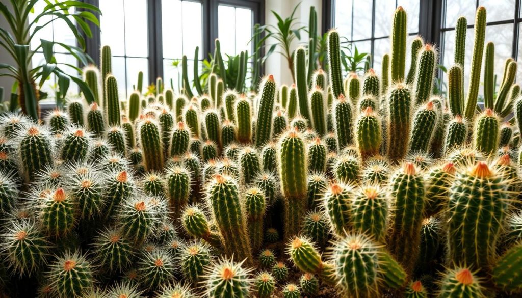 a lush, vibrant indoor cacti garden with a variety of hairy, textured cactus species in the foreground, middle-ground, and background. The cacti are arranged in natural-looking clusters, with varying sizes, shapes, and shades of green. Soft, diffused natural lighting filters through large windows, casting gentle shadows and highlights on the cacti. The scene has a serene, calming atmosphere, showcasing the unique beauty and resilience of these desert-dwelling succulents. The image captures the ideal growing conditions for a hairy cactus, including well-draining soil, adequate sunlight, and a warm, dry environment.