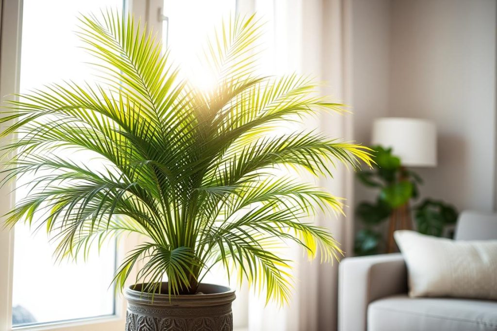 Cykasa w doniczce ustawiona w jasnym pomieszczeniu z rozproszonym światłem