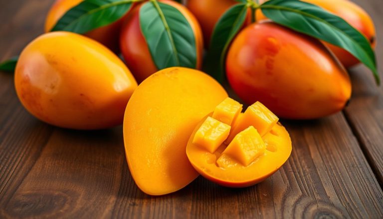 Dojrzałe mango indyjskie na drewnianym stole z przekrojem ukazującym soczysty miąższ