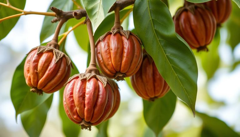 Dojrzałe owoce tamaryndowca indyjskiego na gałęzi