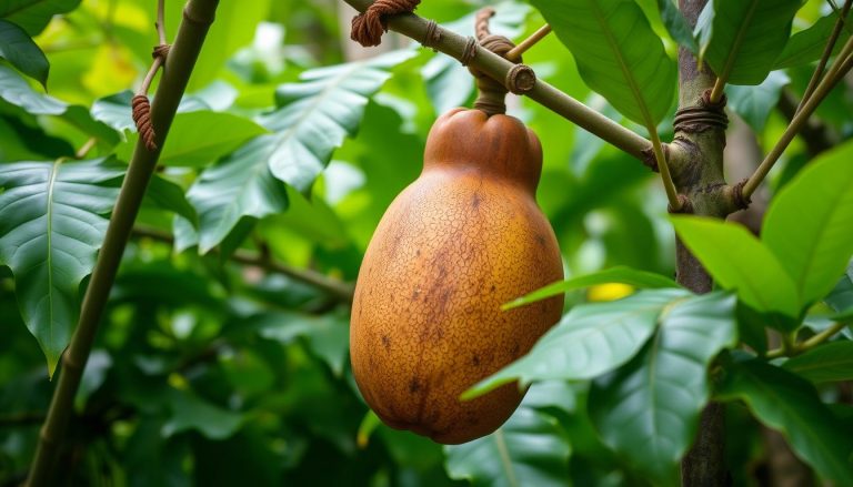 Dojrzały owoc Cupuassu (Theobroma grandiflorum) na tle amazońskiej dżungli
