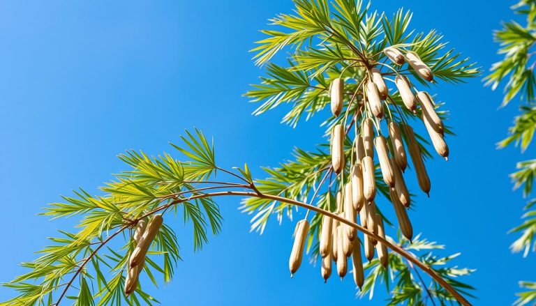 Drzewo Moringa olejodajna z charakterystycznymi liśćmi i strąkami
