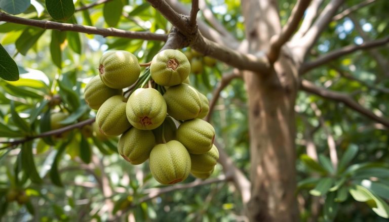 Drzewo makadamia z owocami orzecha makadamia w naturalnym środowisku australijskiego lasu deszczowego