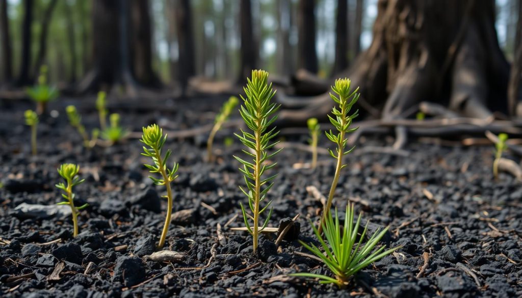 Drzewo ognia - młode siewki sosny kiełkujące na pogorzelisku